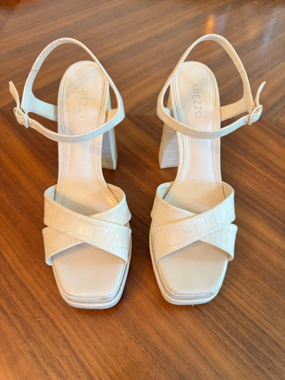 Arezzo Croc Embossed Platform Block Heel Sandals Nude US 9